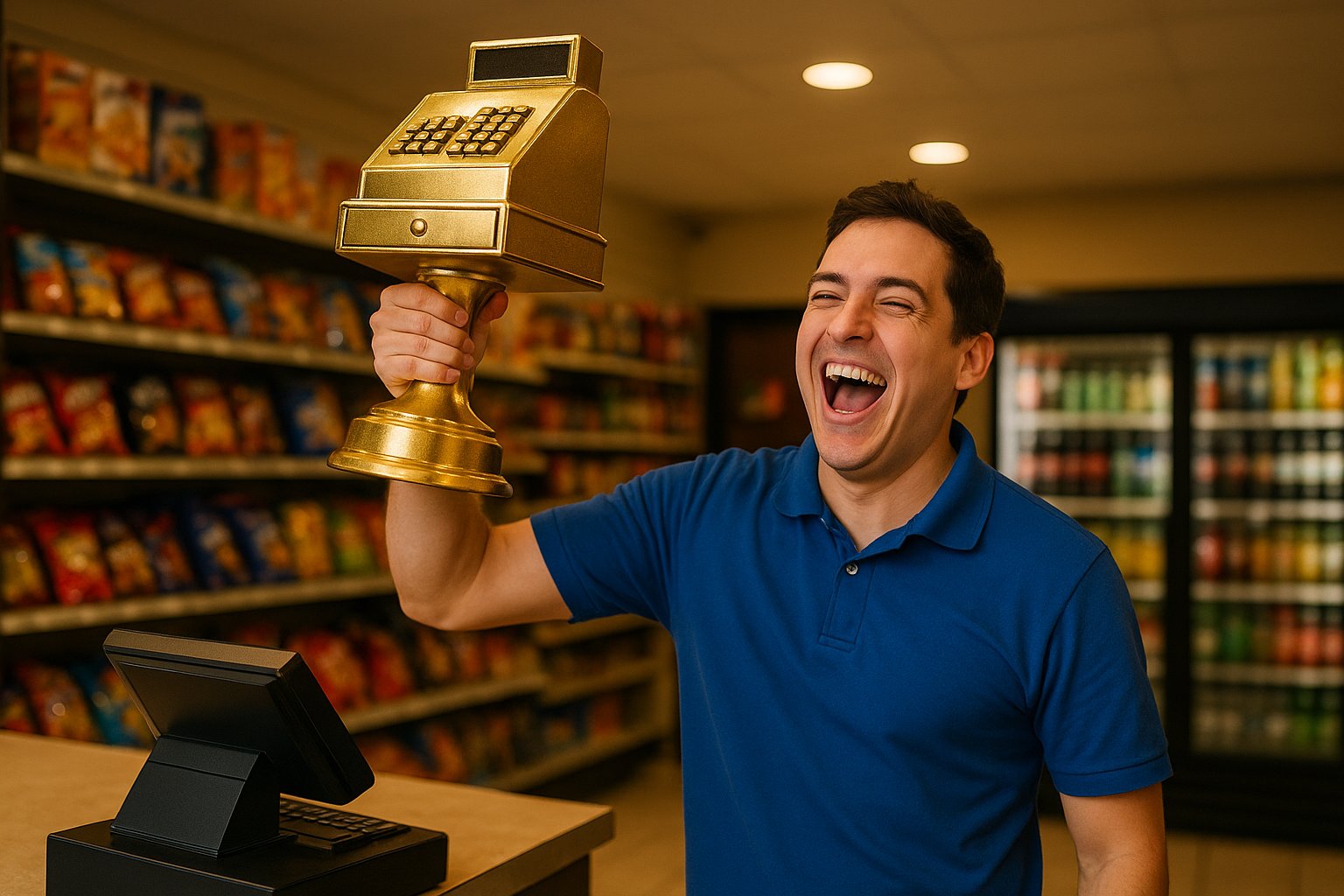 Clerk holding Golden Clerkie Award